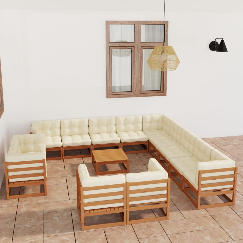 14-tlg. Garten-Lounge-Set Kissen Honigbraun Kiefer Massivholz